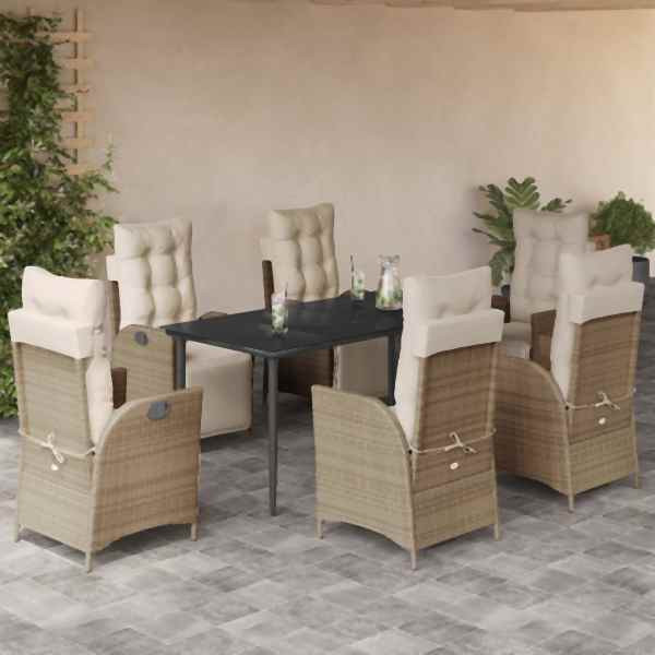 vidaXL 7-tlg. Garten-Essgruppe mit Kissen Beige Poly Rattan, UV-beständig, 3213438