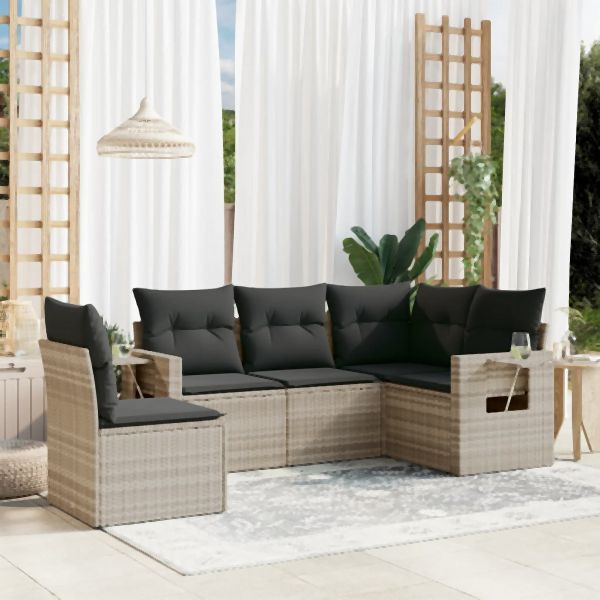 vidaXL 5-tlg. Garten-Sofagarnitur mit Kissen Hellgrau Poly Rattan, 3252509