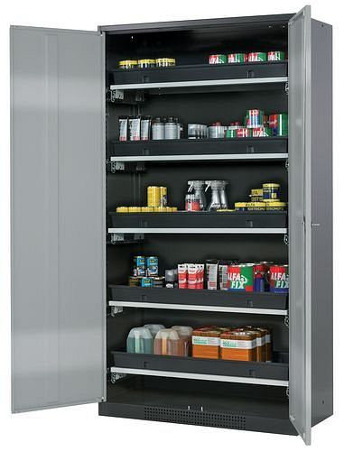 asecos Chemikalienschrank Systema-T CS-105, Korpus anthrazit, Flügeltüren silber, 5 Tablarauszüge, 208980