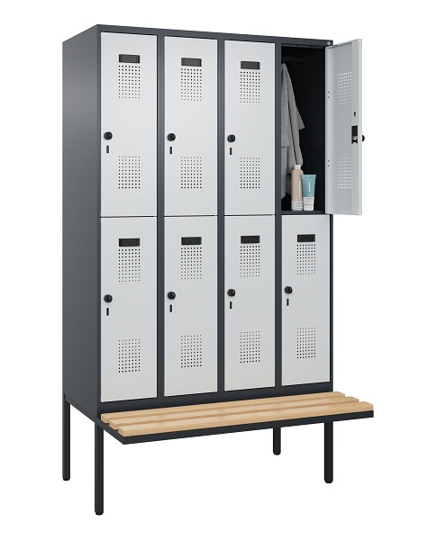 C+P Doppelstock-Spind Evolo PLUS, Bank, 8 Fächer, 2120x1200x815mm, 7016/7035, Drehriegel, Sitzfläche Buche-Hartholz, 0493407-40 S10017