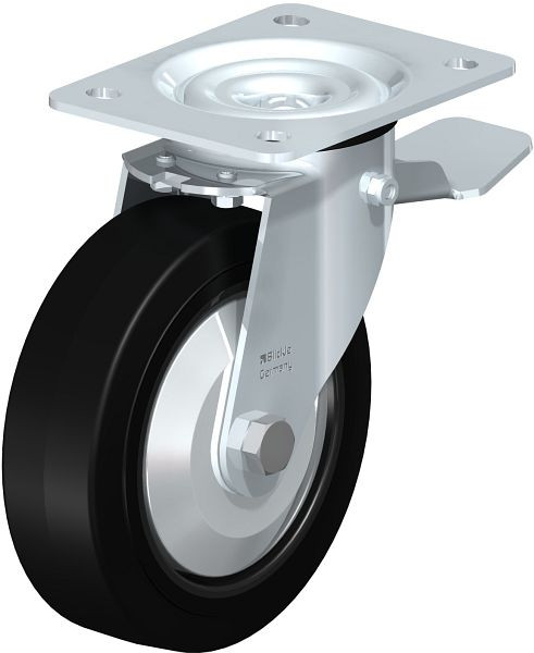 Blickle LE-POEV 160XR-ST-FA Stahlblech-Lenkrolle mit Anschraubplatte & Feststeller, Elastik-Vollgummi, Schwarz, 850165