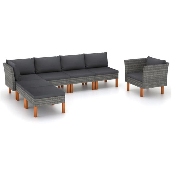 vidaXL 7-teilig Garten-Lounge-Set Poly Rattan und Eukalyptusholz Grau, 3082080