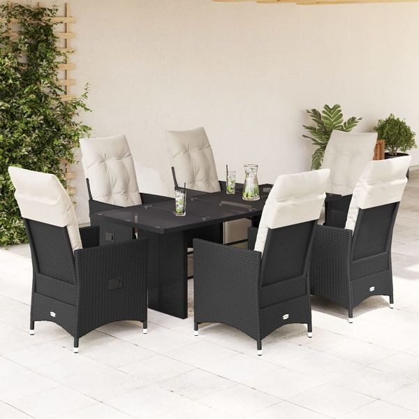 vidaXL 7-tlg. Garten-Essgruppe mit Kissen Schwarz Poly Rattan, 3276869
