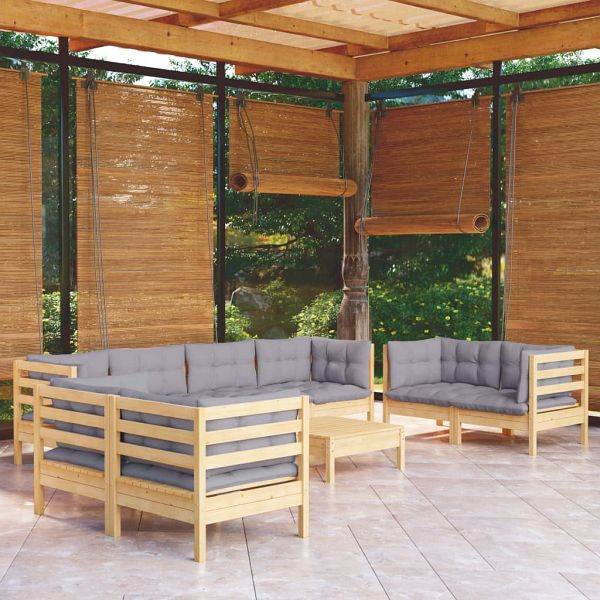 vidaXL 9-teilig Garten-Lounge-Set mit Grauen Kissen Kiefer Massivholz, 3096273