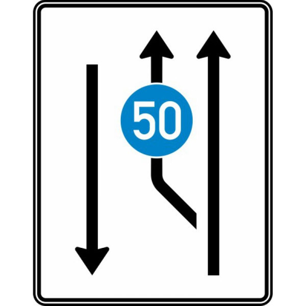 Stein HGS Awt. mit Gegenverkehr, 1-streifig + Fahrstreifen, links, 1 Fahrstreifentafel Gegenrichtung, min. Geschwindigkeit, Nr.546-10, 1250x1600mm, RA2, Alform, ohne Entfernungsangabe, 546-10-122