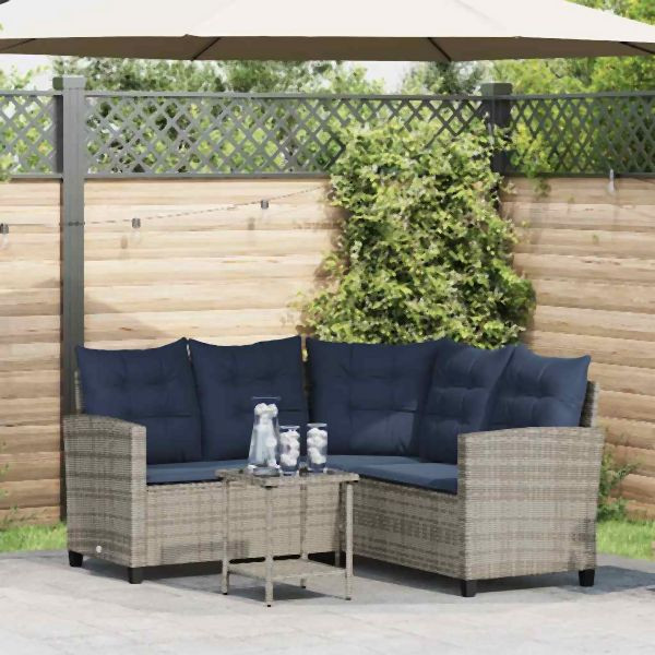 vidaXL Gartensofa in L-Form mit Tisch und Kissen Grau Poly Rattan, 4103879