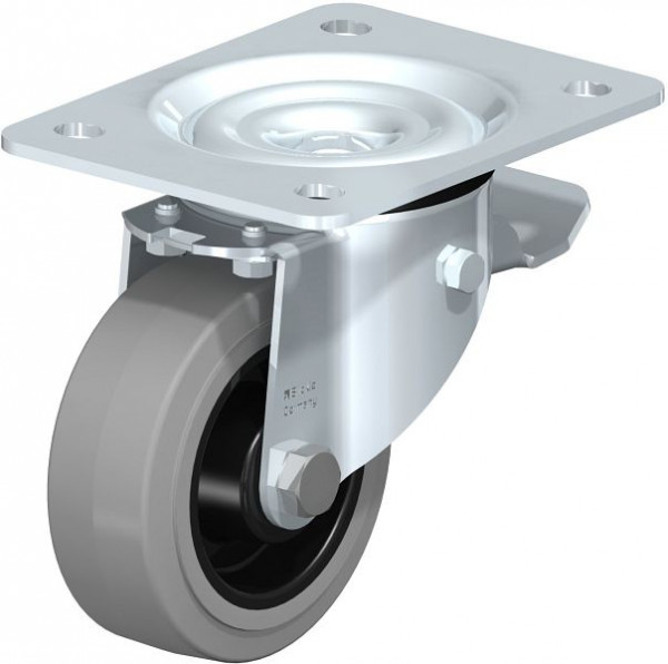 Blickle LK-POEV 100R-3-ST-SG Stahlblech-Lenkrolle, schwere Ausführung, mit Anschraubplatte & Feststeller, Elastik-Vollgummi, Grau, 750339