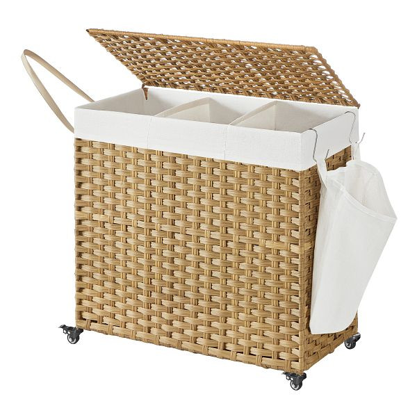 SONGMICS Wäschekorb, handgewebter Wäschekorb, 140-Liter-Waschkorb im Rattan-Stil mit 3 Fächern, 66 x 33 x 60 cm, Natur, LCB363N01
