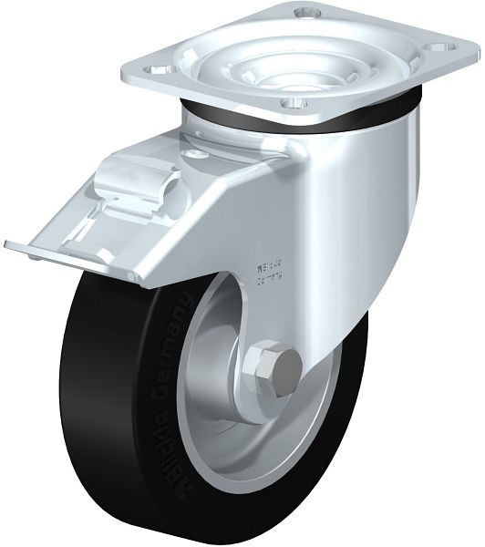 Blickle LK-ALEV 125K-1-FI-EL Stahlblech-Lenkrolle, schwere Ausführung, mit Anschraubplatte & Feststeller, Elastik-Vollgummi, Schwarz, 645887