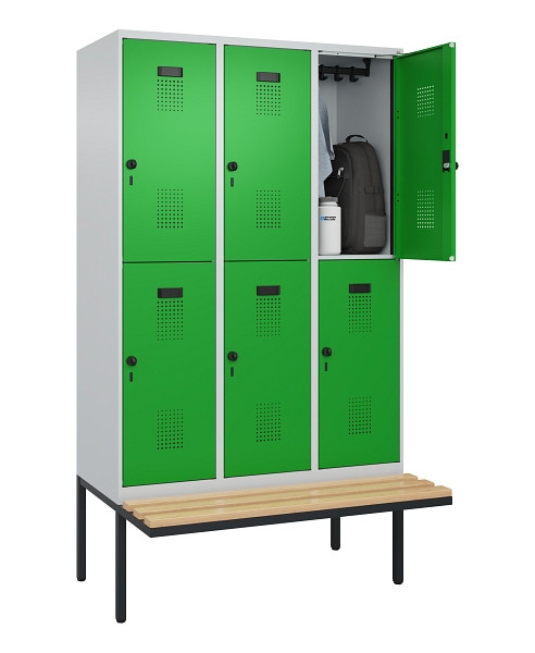 C+P Doppelstock-Spind Evolo PLUS, Bank, 6 Fächer, 2120x1200x815mm, 7035/6037, Drehriegel, Sitzfläche Buche-Hartholz, 0493407-32 S10011