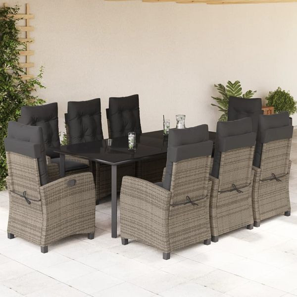 vidaXL 9-teilig Garten-Essgruppe mit Kissen Grau Poly Rattan, 3212801