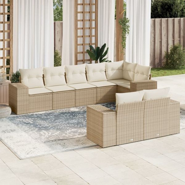 vidaXL 8-teilig Garten-Sofagarnitur mit Kissen Beige Poly Rattan, 3222817