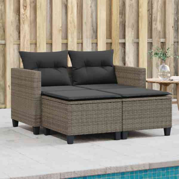 vidaXL Gartensofa 2-Sitzer mit Hockern Grau Poly Rattan, UV-beständig, 365793