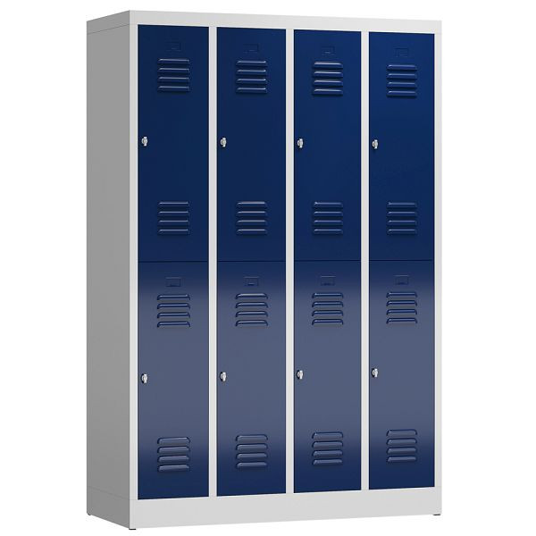 Lüllmann ClassiX Garderobenschrank, 4 Abteile doppelstöckig, 1800 x 1185 x 500 mm, lichtgrau/enzianblau, X-520241