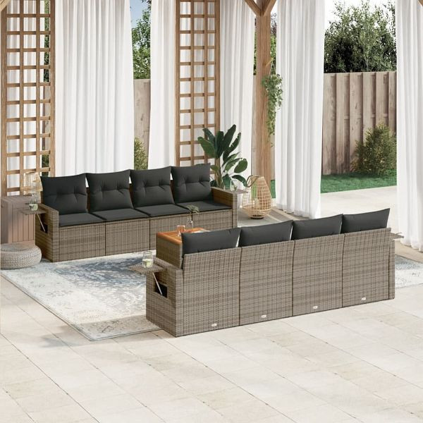 vidaXL 9-teilig Garten-Sofagarnitur mit Kissen Grau Poly Rattan, 3224485