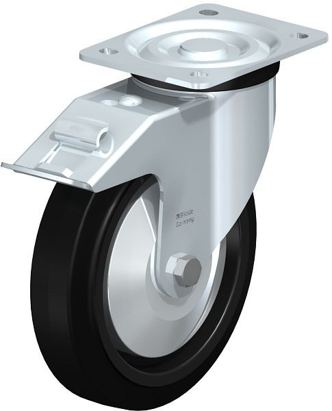 Blickle L-POEV 200XKA-FI-FA Stahlblech-Lenkrolle, mittelschwere Ausführung, mit Anschraubplatte & Feststeller, Elastik-Vollgummi, Schwarz, 850780