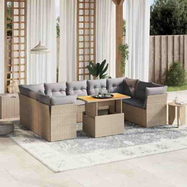 vidaXL 10-tlg. Garten-Sofagarnitur mit Kissen Beige Poly Rattan, UV-beständig, 3270996