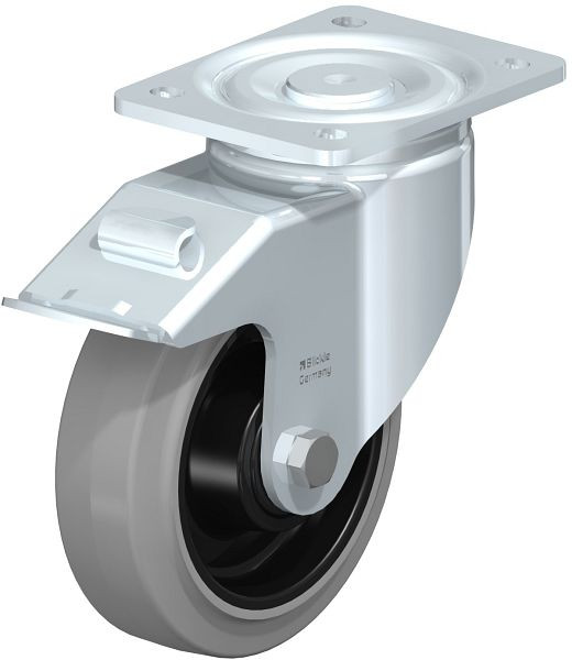 Blickle LH-POEV 160KD-FI-SG Stahlblech-Lenkrolle, Schwerlast-Ausführung, mit Anschraubplatte & Feststeller, Elastik-Vollgummi, Grau, 747839