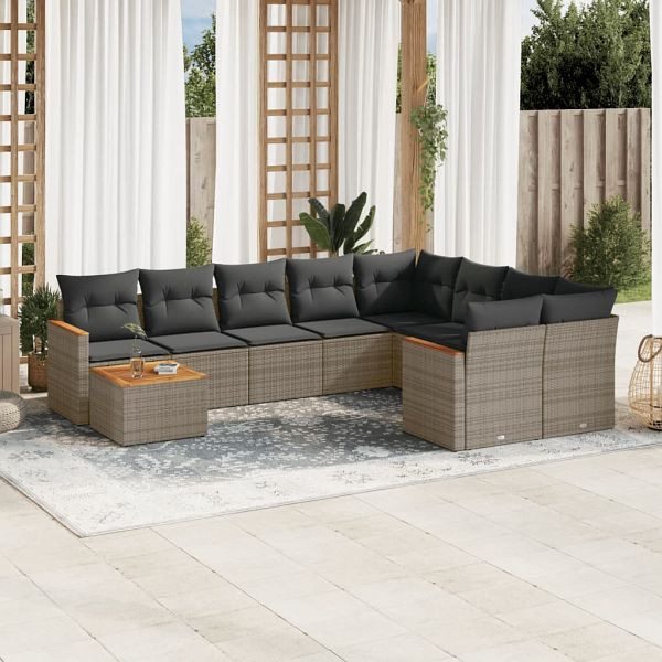 vidaXL 10-teilig Garten-Sofagarnitur mit Kissen Grau Poly Rattan, 3226319