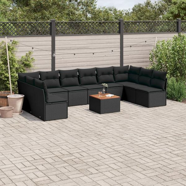 vidaXL 11-tlg. Garten-Sofagarnitur mit Kissen Schwarz Poly Rattan, 3256125