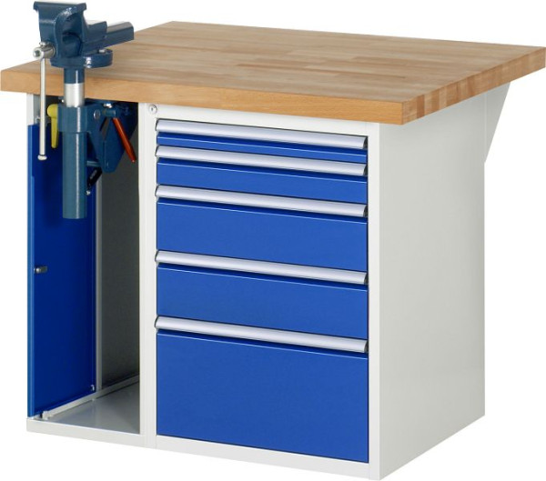 RAU Werkbank Serie 7000 - Baukasten-Bauweise, 5 x Schublade, 1 x Schraubstockschrank, 1000x840x900 mm, 03-7511A2-109B4S.11