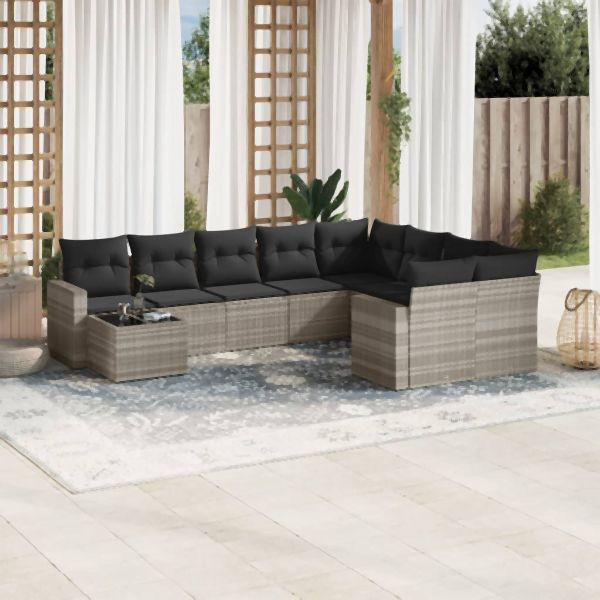 vidaXL 10-tlg. Garten-Sofagarnitur mit Kissen Hellgrau Poly Rattan, 3219452
