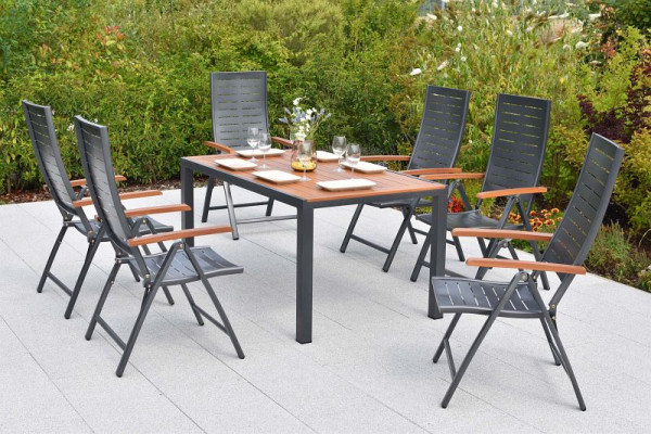 Merxx Tinos Set 7-teilig, 6 Tinos Klappsessel, folierte Armlehnen, Holzoptik, 1 Tisch 150 x 90 cm, folierte Tischplatte, Holzoptik, Aluminium, 50345-217
