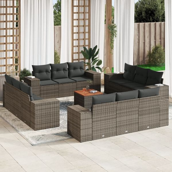vidaXL 13-teilig Garten-Sofagarnitur mit Kissen Grau Poly Rattan, 3225381