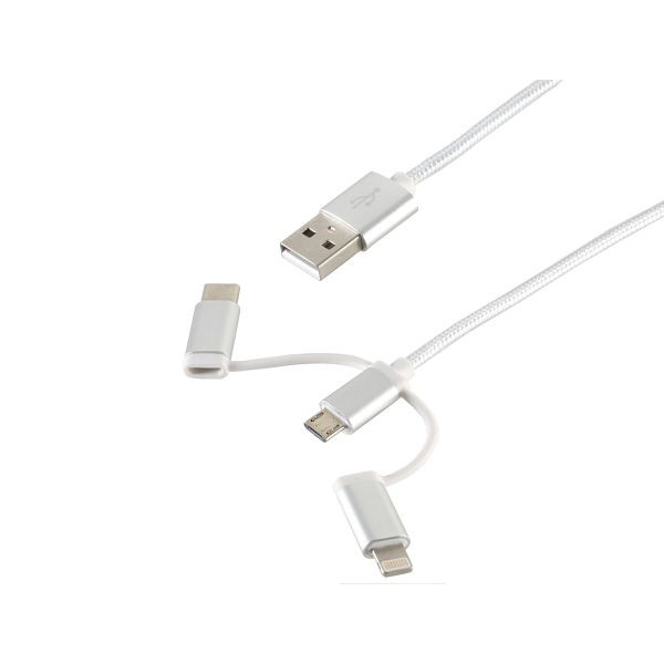 shiverpeaks BASIC-S, USB 3in1 Ladekabel, USB-A-Stecker auf USB Micro B + USB Typ C + Lightning Stecker, Nylon, weiß, 1m, BS14-50067