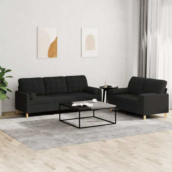 vidaXL 2-tlg. Sofagarnitur mit Kissen Schwarz Stoff, 3201326