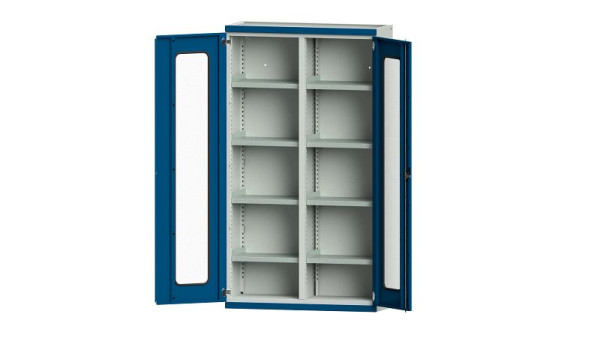ANKE Werkbänke Schwerlastschrank, Modell 201, 1085 x 400 x 1950 mm, Sichtausschnitt aus Plexiglas, RAL 7035/5010, 620.211