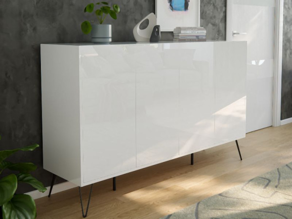 Posseik Sideboard Industrial P 155cm 4 Schubladen Türen Weiß hochglanz, PN2093X0000002DE