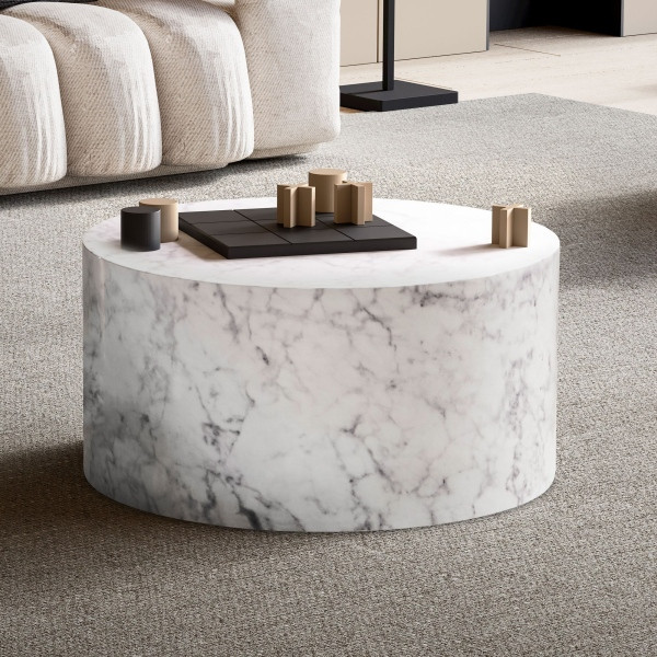 Wohnling Couchtisch MONOBLOC 60x60x30 cm Weiß Hochglanz mit Marmor Optik, Design Wohnzimmertisch Rund, Lounge Sofatisch Kaffeetisch Modern, WL6.860