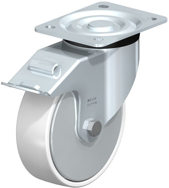 Blickle L-PO 160G-FI-FA Stahlblech-Lenkrolle, mittelschwere Ausführung, mit Anschraubplatte & Feststeller, Polyamid, Weiß, 747247