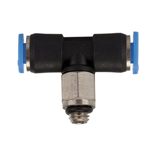 Riegler T-Steckverschraubung »Blaue Serie« mini, drehbar, M5, für Schlauch-Außen-Ø 6 mm, pmax 10 bar, Kunststoff/Messing vernickelt, 148843