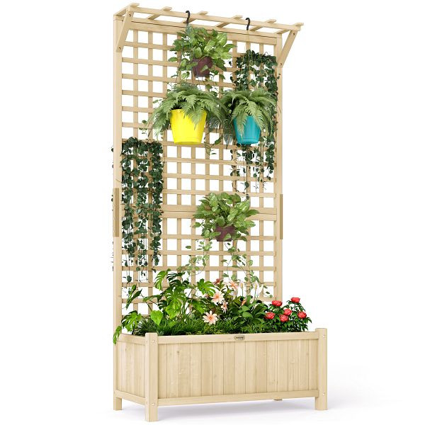 Outsunny Hochbeet mit Spalier und Dach, Pflanzkasten, Blumenbeet, wetterfest, Holz, 90 x 45 x 183 cm, Naturholz, 845-792V00ND