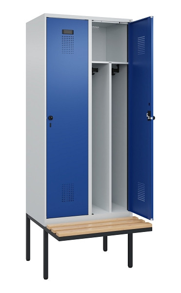 C+P Spind Evolo PLUS, 2 Abteile, 2120x800x815mm, 7035/5010, Haken 4, Drehriegel, Sitzfläche Holz, Trennwand, 0490407-22F S10006