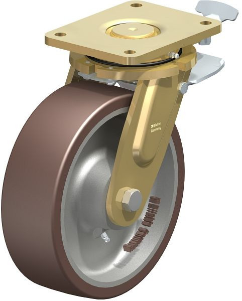 Blickle LS-GB 252K-ST-RI4 Stahlgeschweißte Schwerlast-Lenkrolle, schwere Drehkranz-Ausführung mit Feststeller, Blickle Besthane®, Braun, 852600