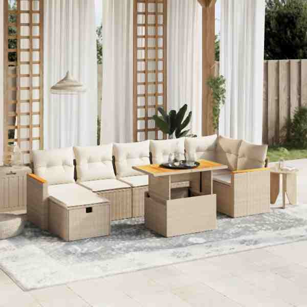 vidaXL 8-tlg. Garten-Sofagarnitur mit Kissen Beige Poly Rattan, UV-beständig, 3276047