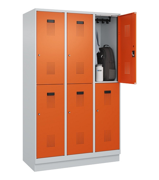 C+P Doppelstöckiger Spind Evolo PLUS, mit Sockel, 6 Fächer, 1950x1200x500mm, 703, Frontfarbe RAL 2004 Reinorange, Zylinderschloss, 049320-32 S10029