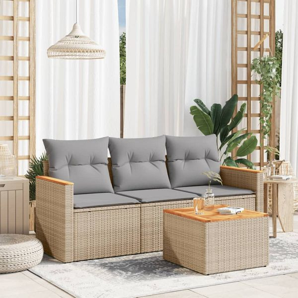 vidaXL 4-teilig Garten-Sofagarnitur mit Kissen Beige Poly Rattan, 3258167
