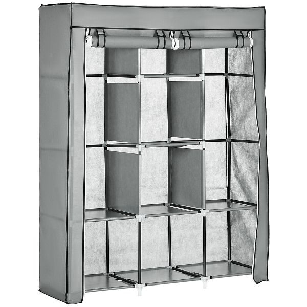 HOMCOM Schrank aus Stoff, Aufbewahrungslösung, 8 Regale, 2 Kleiderstangen, Grau, 850-211V00LG