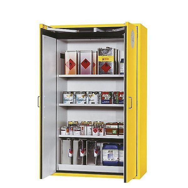 asecos Feuerbeständiger Gefahrstoffschrank Typ 90, 2-türig, Außenmaße 1968 x 1200 x 615 mm, gelb, pulverbeschichtet, 3011600230130