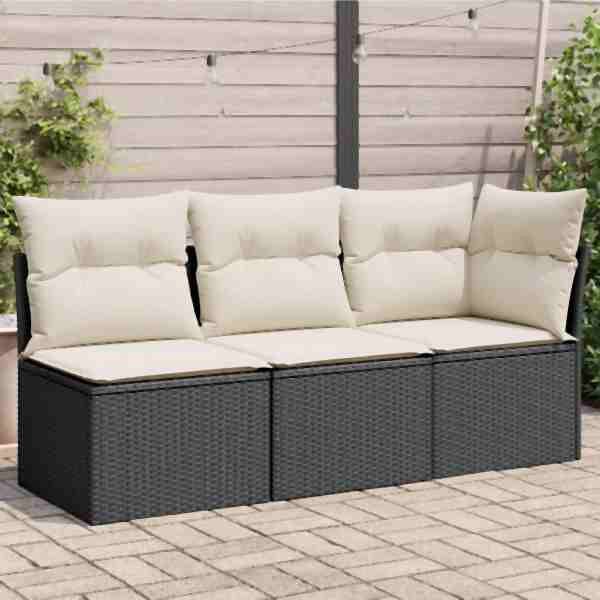 vidaXL Gartensofa mit Kissen 3-Sitzer Schwarz Poly Rattan, UV-beständig, 366014