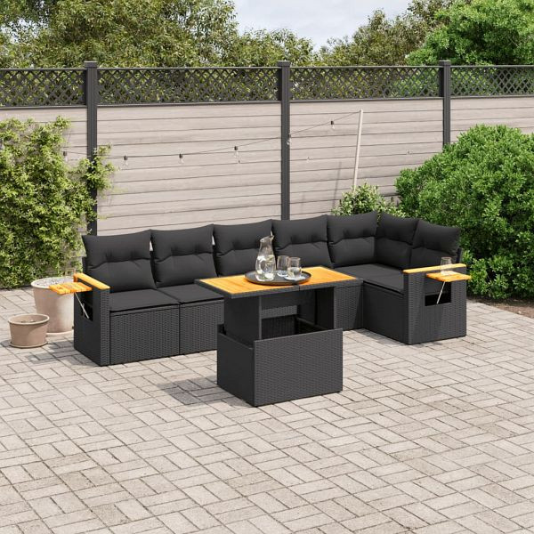 vidaXL 7-tlg. Garten-Sofagarnitur mit Kissen Schwarz Poly Rattan, 3273526