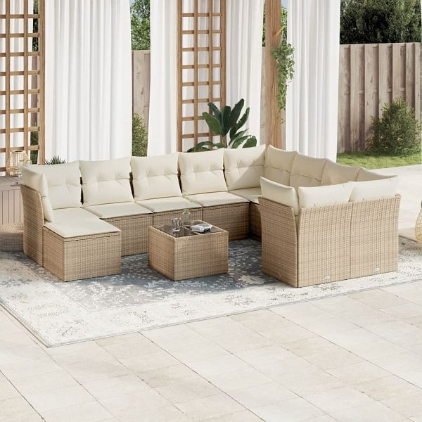 vidaXL 11-teilig Garten-Sofagarnitur mit Kissen Beige Poly Rattan, 3250437