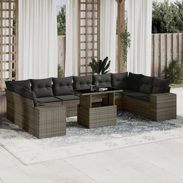 vidaXL 11-teilig Garten-Sofagarnitur mit Kissen Grau Poly Rattan, 3269410