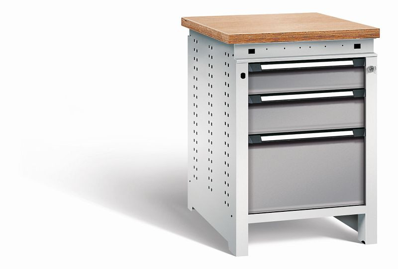 Otto Kind Werkbank Serie function Typ 106, Multiplexplatte, bündig, 3 Schubladen, mit Zentralverschluss, Gehäuse RAL 7035, Front RAL 7037, 072323167