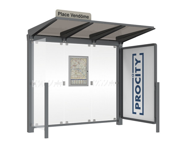 Procity Wartehalle Venedig - 1 Schaukasten 2000 + 1 Seitenverkleidung, Farbe Procity grau, Maße: Breite 2500 x Höhe 2422 x Tiefe 1520 mm, 529652.GPRO