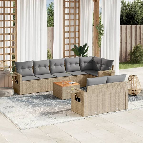 vidaXL 9-teilig Garten-Sofagarnitur mit Kissen Beige Poly Rattan, 3256983